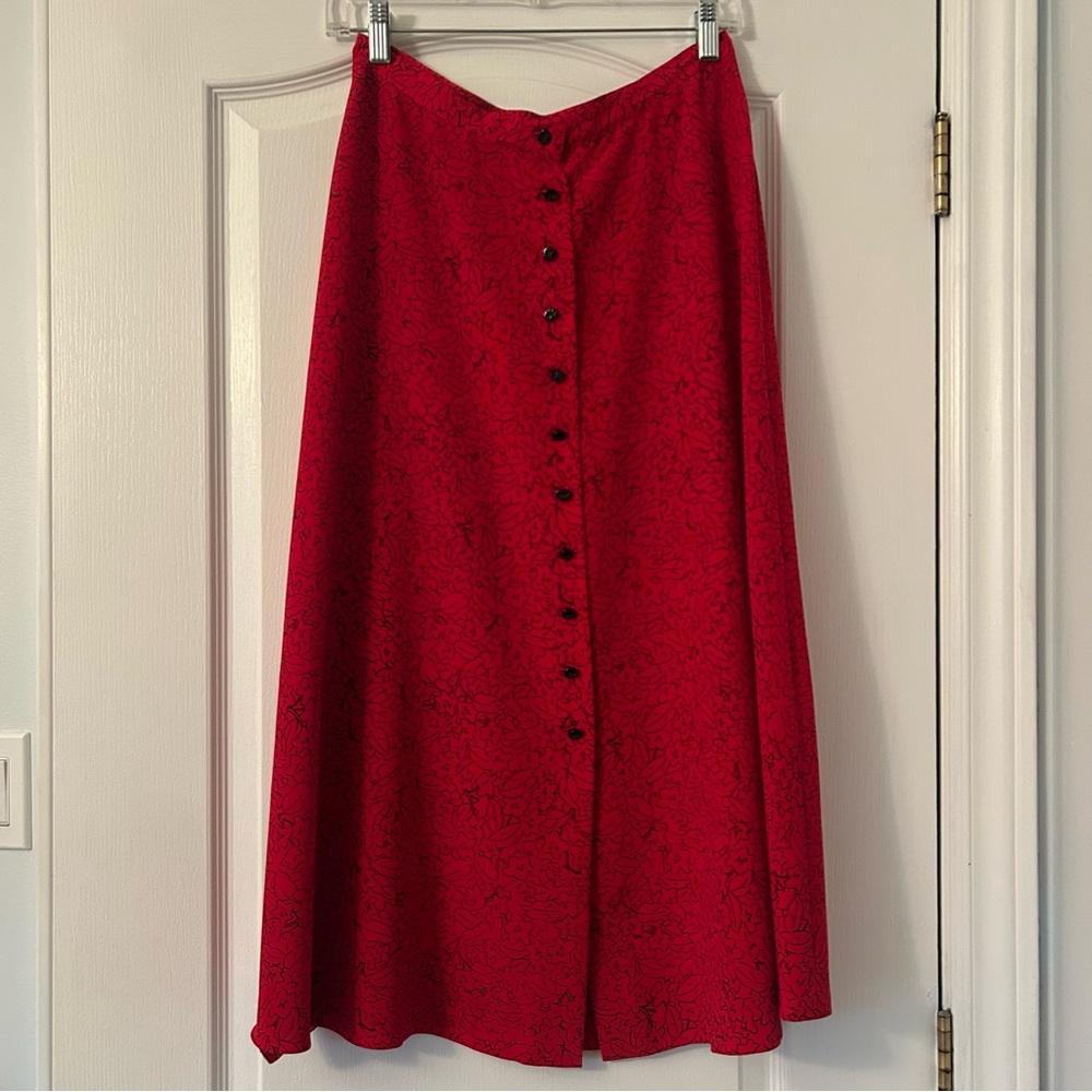 Vintage Red Floral Button-Front A-Line Skirt — Size 12P
